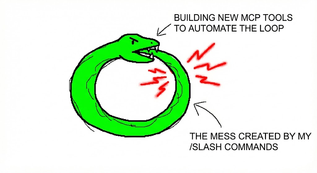 A hand-drawn sketch of an Ouroboros snake illustrating the cycle of building MCP tools to fix the mess created by slash commands