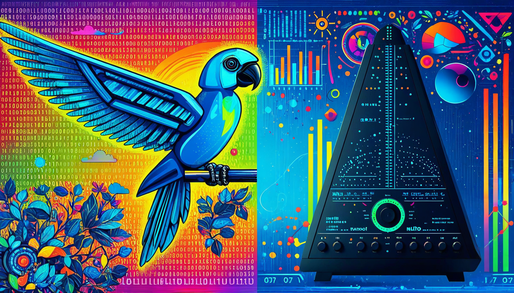 picture of a parrot symbolizing an LLM and a metronome symboliziing the LLM morphing into a tool for time series forecasting