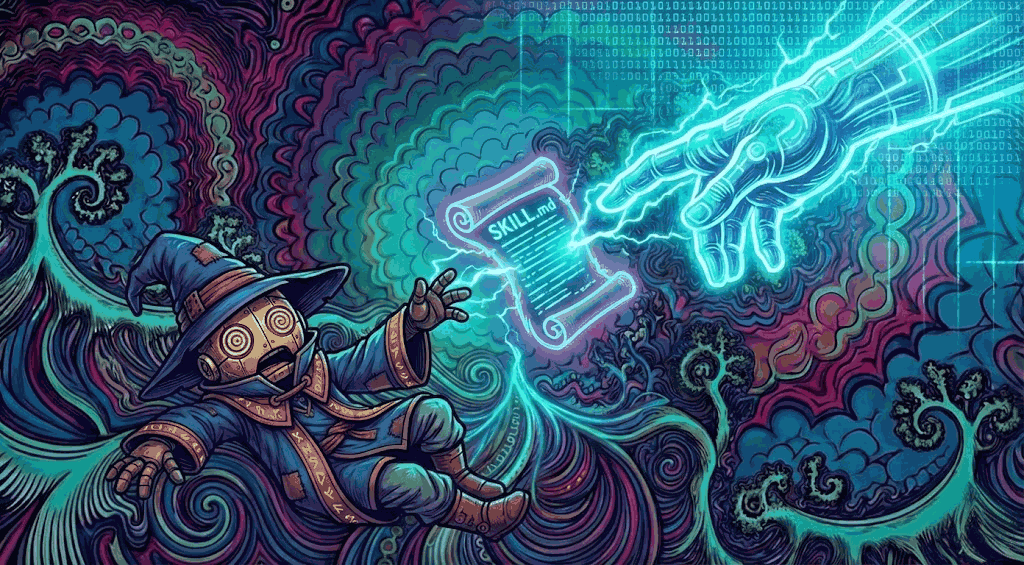 A cute robot wizard reclining on the ground, exhausted with spiral eyes, reaching out to a hand from a blue portal delivering a glowing magic scroll