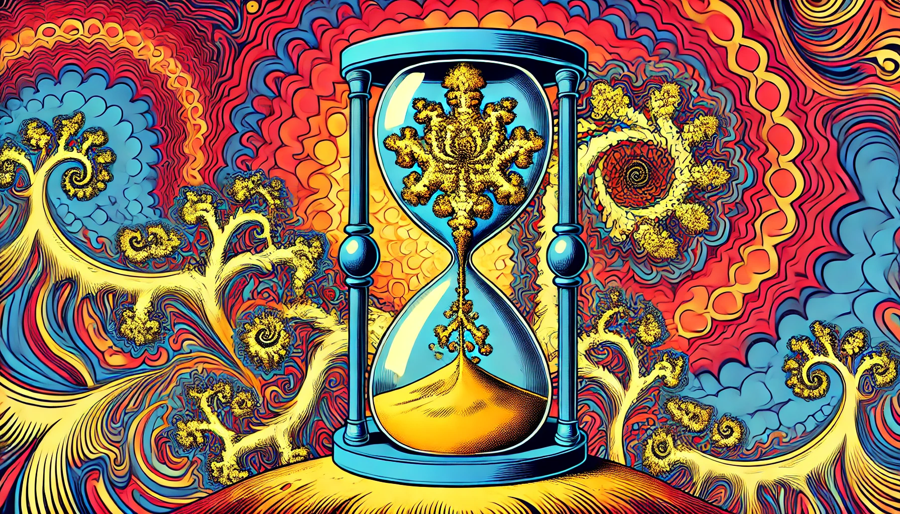 picture of a pop art hourglass with fractal branches breaking out, symbolizing multiple possibilities in a trippy, vibrant style