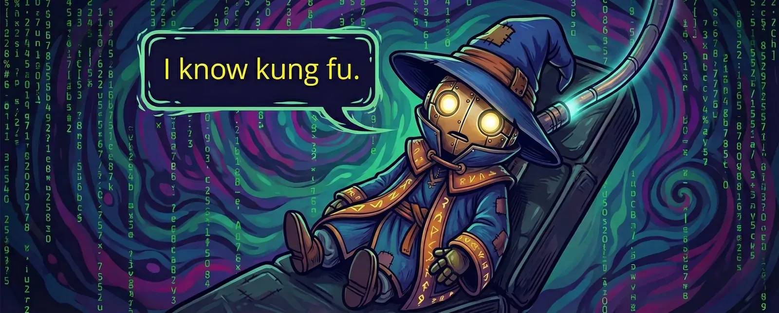 A cute robot wizard in a Matrix-style chair saying 'I know kung fu'