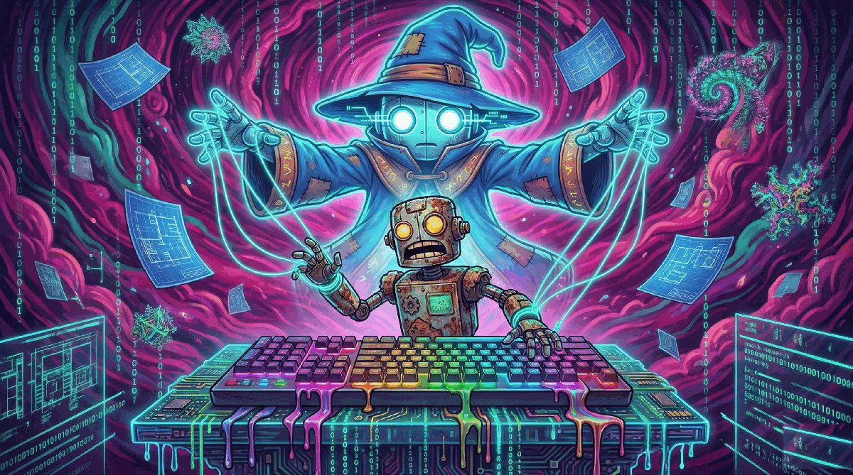 A massive, translucent spirit of a cute robot wizard acting as a puppet master, his large luminous eyes wide with innocent focus as he uses neon-blue strings to guide a frantic industrial robot's hands into slow, deliberate Tai Chi movements over a melting mechanical keyboard