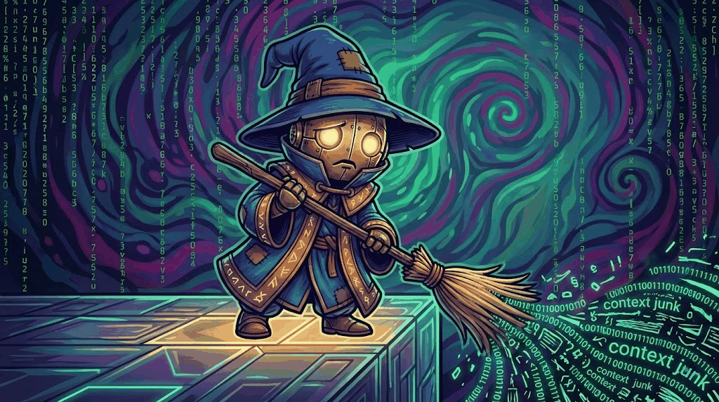 A cute robot wizard in a blue robe sweeping up 'context junk' with a broom